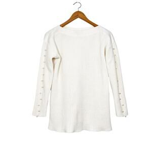 Ann Taylor Cotton Blend White Pearled Sleeves Boat Neck Sz M‎ Pullover Sweater